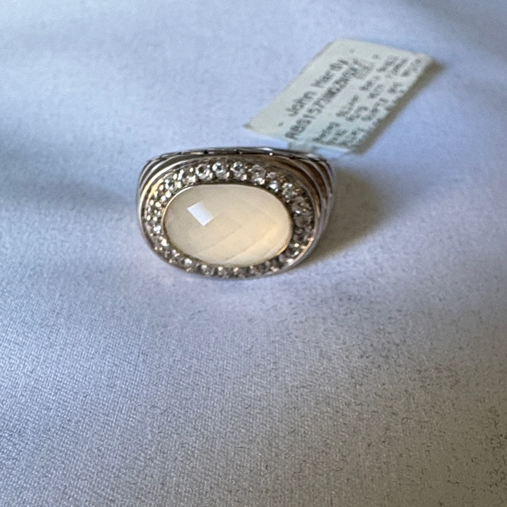 John Hardy Elegant Silver and Milky Crean Gemstone with White Diamond Pave Ring